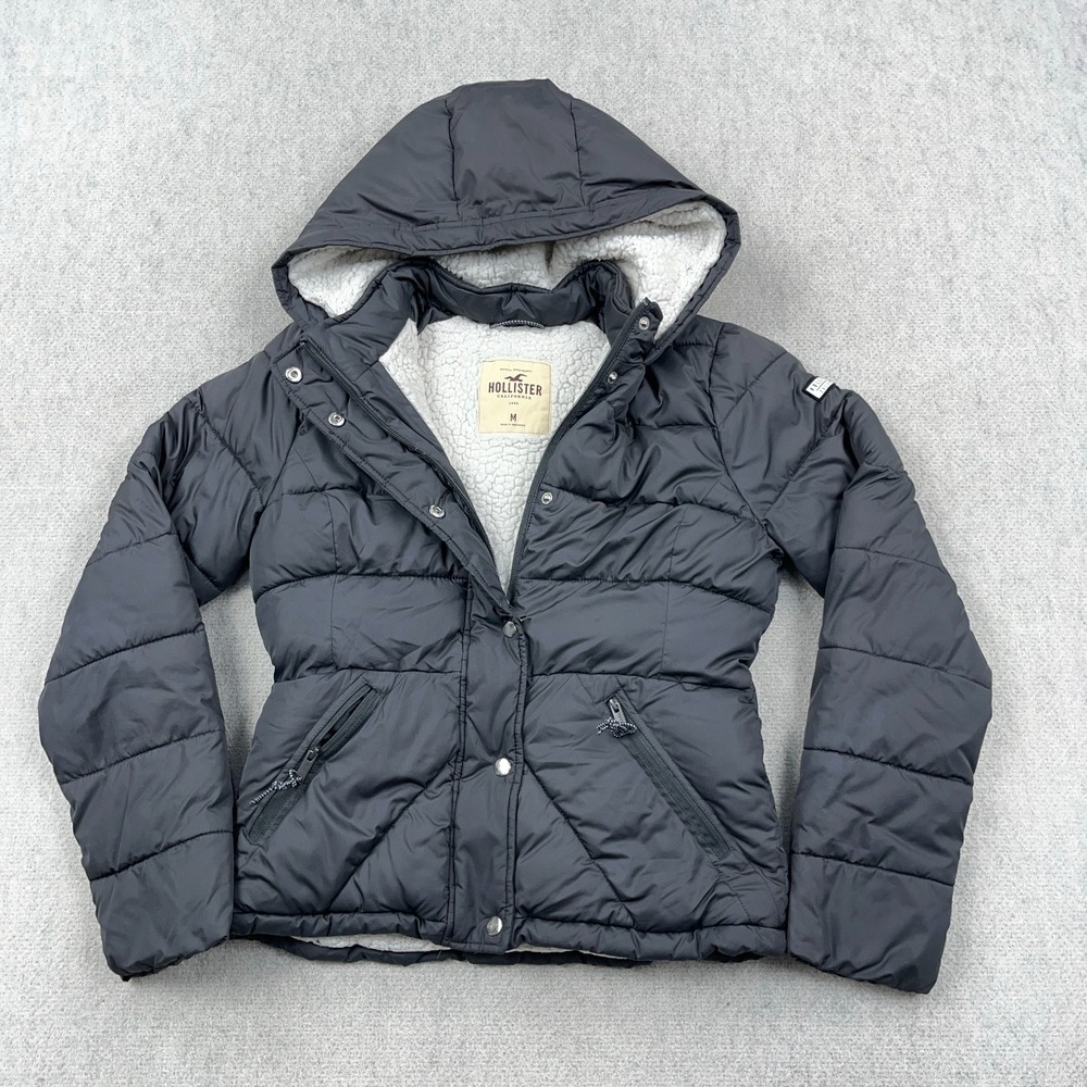 Hollister Puffer Jacket Women Medium Gray Sherpa Lined Hooded VTG Y2K *